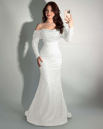 Glamorous Off-The-Shoulder Long Sleeves Beads Mermaid Prom Dress