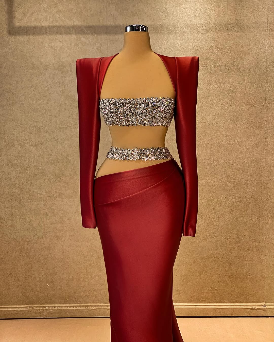 Red Gorgeous Long Sleeves Square Beads Mermaid Prom Dress