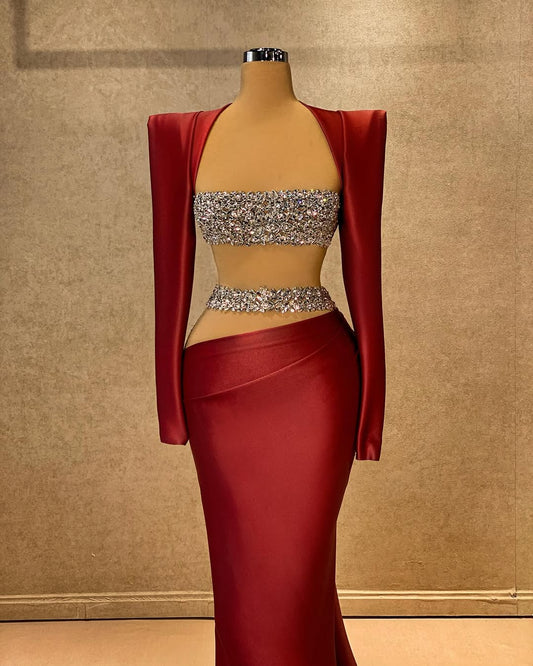 Red Gorgeous Long Sleeves Square Beads Mermaid Prom Dress