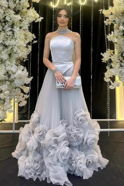 Strapless Sleeveless Long Ruffle Evening Dress With Flower Pleated