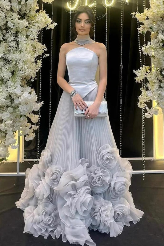 Strapless Sleeveless Long Ruffle Evening Dress With Flower Pleated