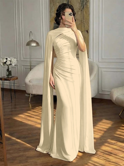Fashionable Dark Navy Asymmetric Sleeveless Pleated Prom Dress With Scarf