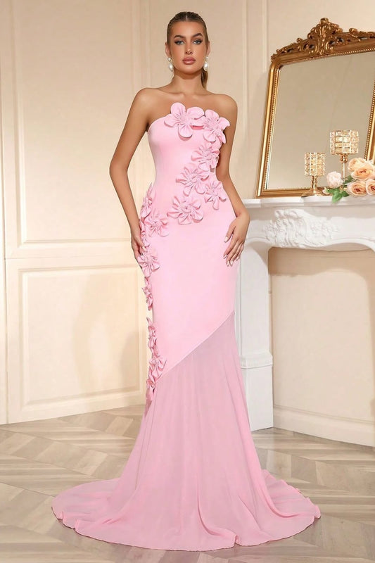 Elegant Sleeveless Satin Square Strapless Mermaid Prom Dress With Handmade Flower