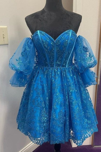 Sweetheart A-line Short Homecoming Dress with Puff Sleeves