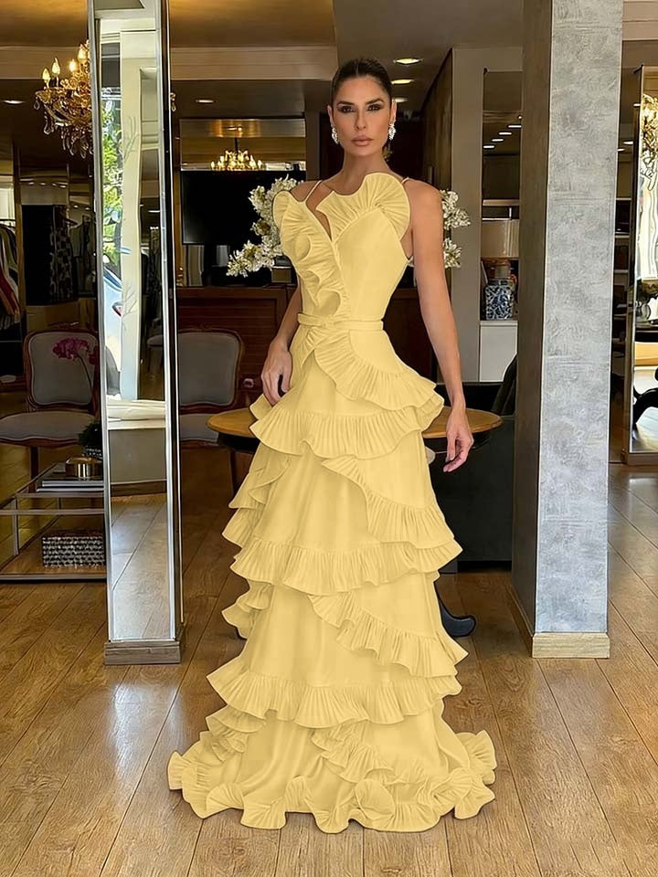 Structured Spaghetti Straps Sleeveless Ruffles Floor Length Evening Dress