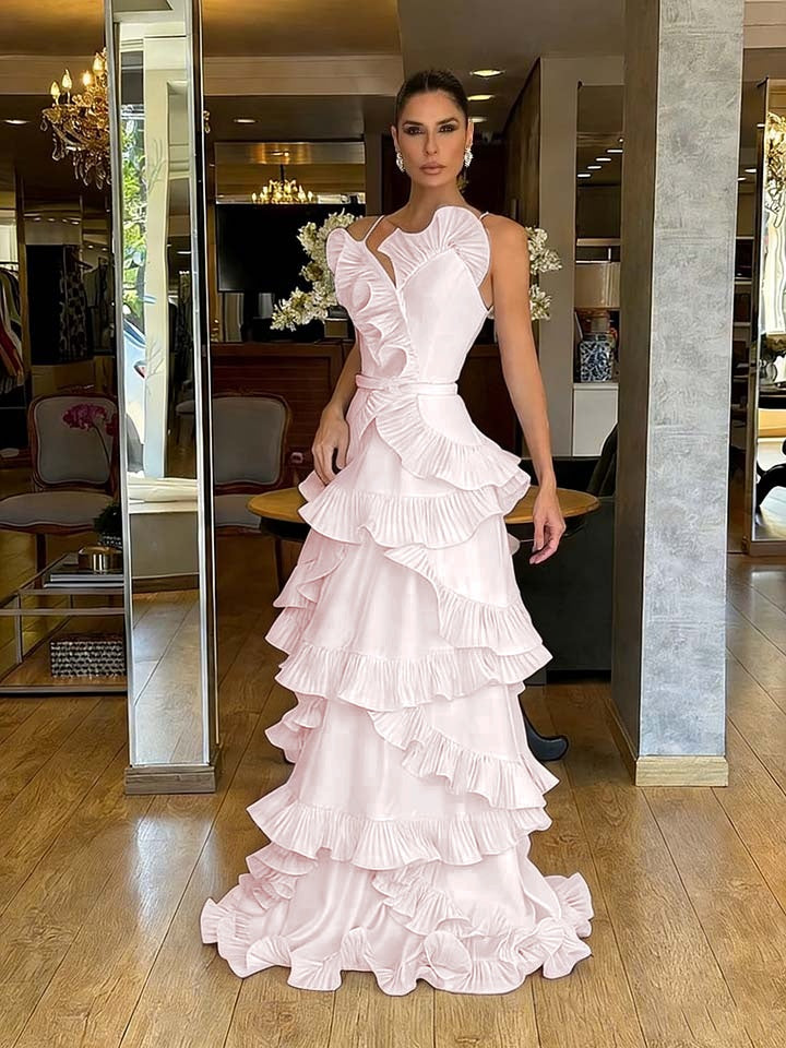 Structured Spaghetti Straps Sleeveless Ruffles Floor Length Evening Dress
