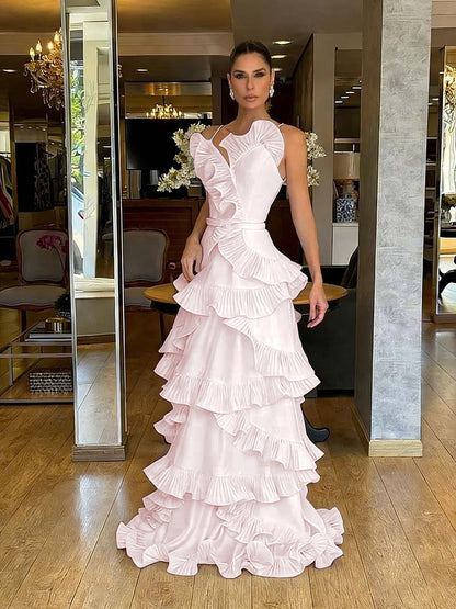 Structured Spaghetti Straps Sleeveless Ruffles Floor Length Evening Dress