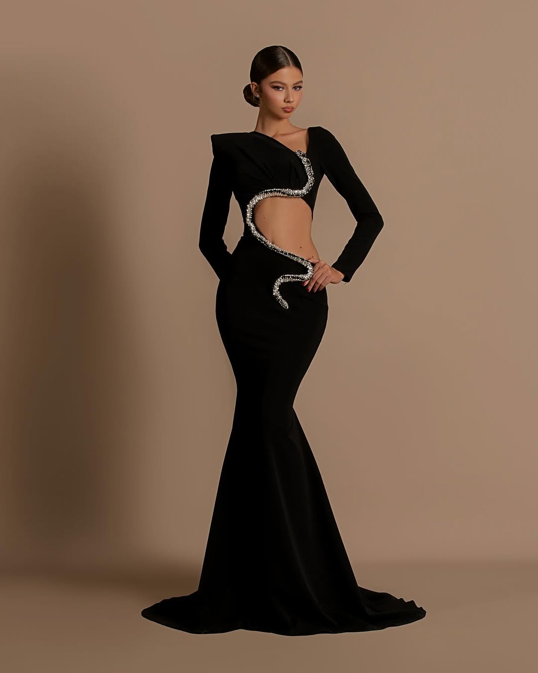 Elegant Sexy Black Long Sleeves Beads Mermaid Prom Dress