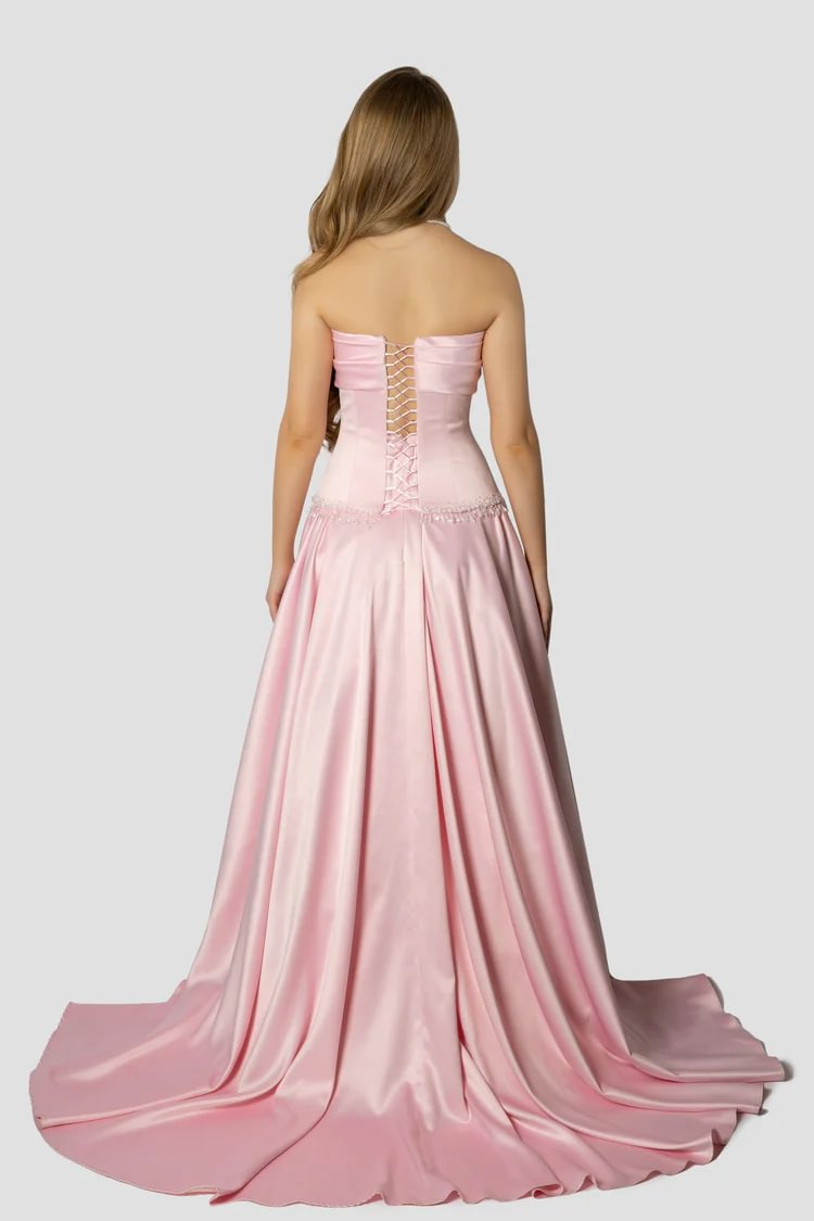 Baby Pink Strapless Evening Dress A-Line Sleeveless in Satin With Beading