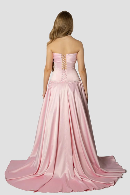 Baby Pink Strapless Evening Dress A-Line Sleeveless in Satin With Beading
