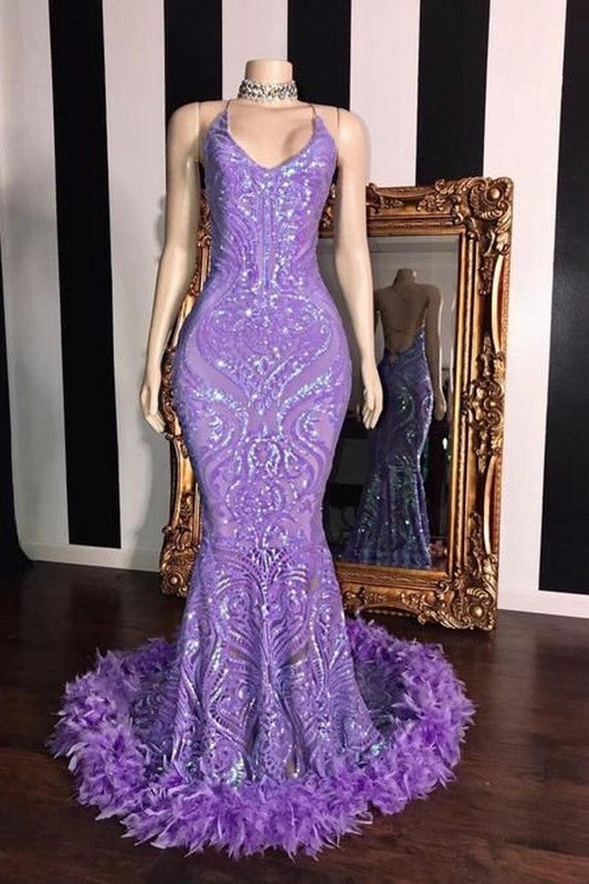 Gorgeous Mermaid Sleeveless Sequins Lace Prom Dress With Feather