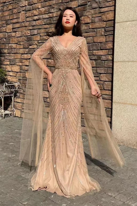 Amazing V-Neck Long Sleeves Tulle Mermaid Prom Dress With Beadings