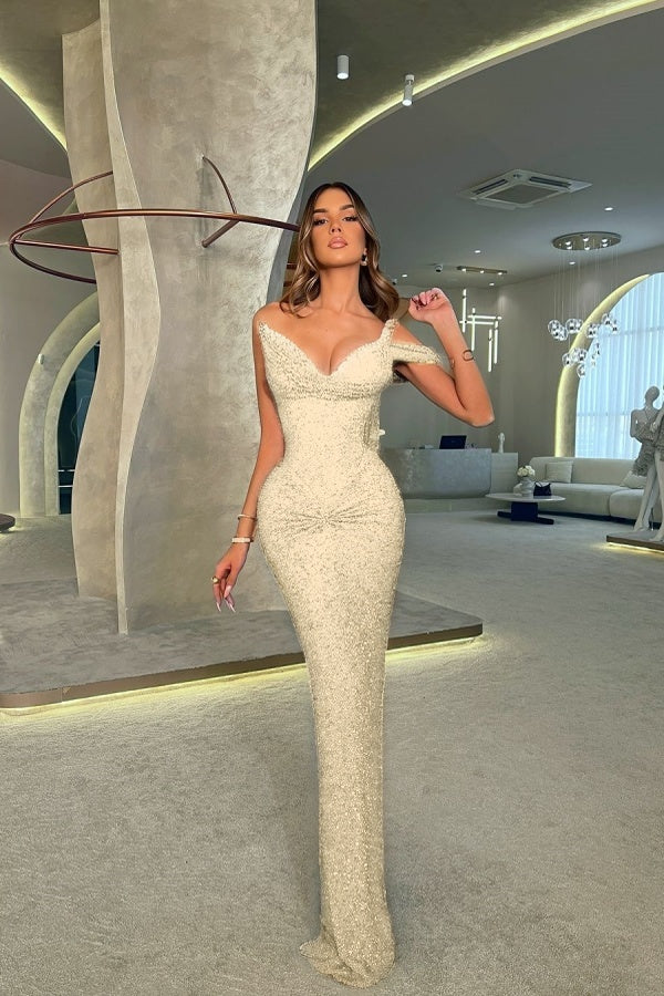 One Shoulder V-Neck Long Mermaid Prom Dress Sleeveless with Sequins
