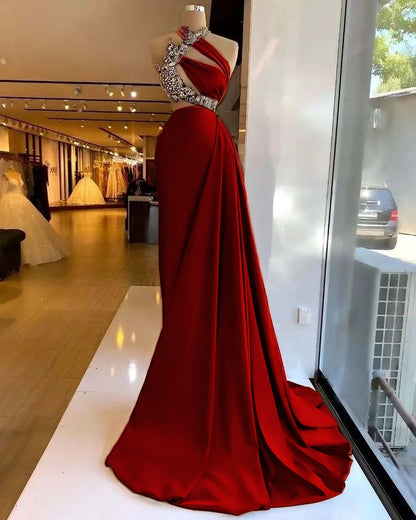 Satin Stunning Beading Sleeveless Long Prom Dress with Ruffle