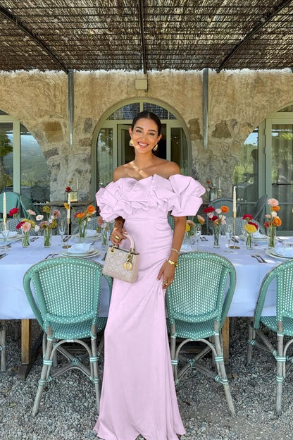 Satin Sleeveless Off-The-Shoulder Long Evening Dress With Pleated