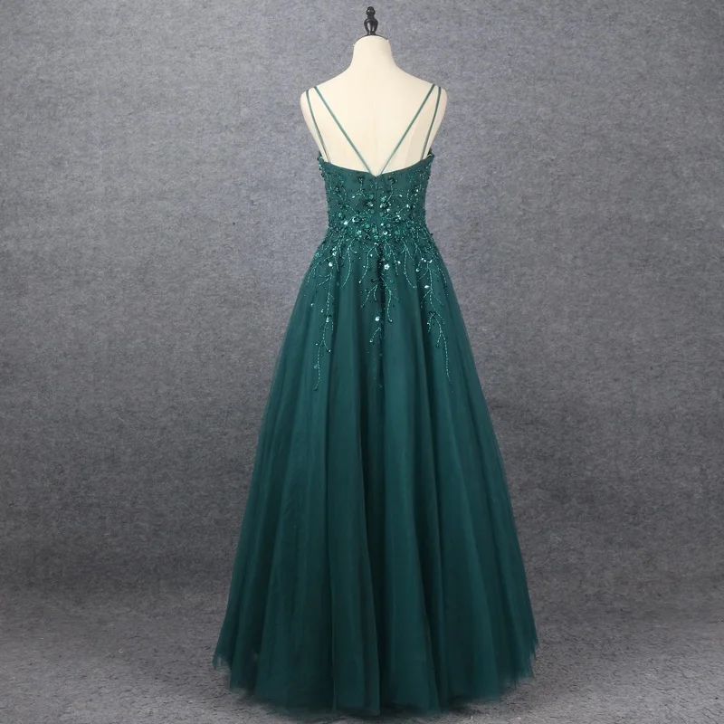 Emerald V Neck Floor Length Prom Dress A Line Sleeveless With Appliques