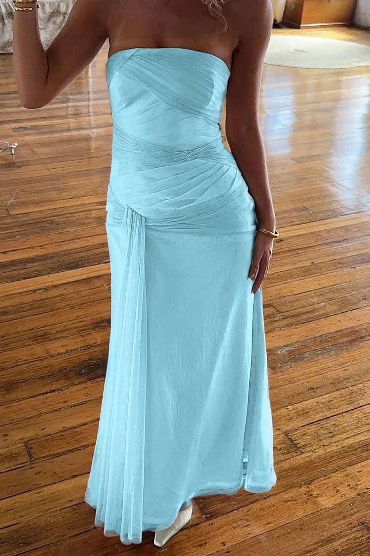 Chic Strapless Sleeveless Long Mermaid Prom Dress With Pleated
