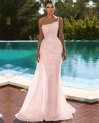 Sky Blue One Shoulder Mermaid Sequins Beadings Evening Dress With Tulle