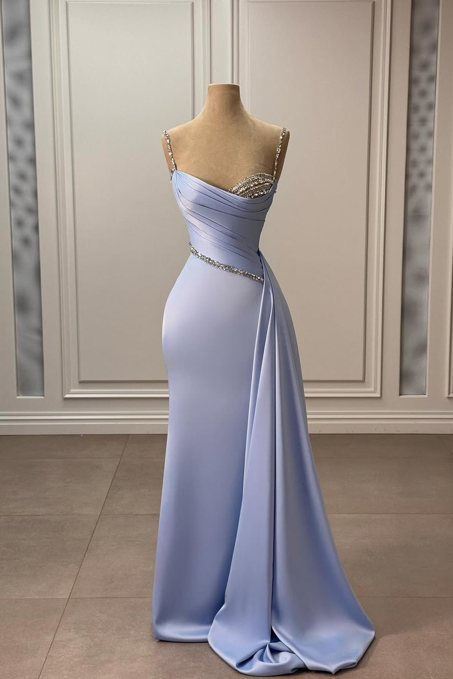 Lilac Spaghetti Straps Sleeveless Square Mermaid Prom Dress With Beads