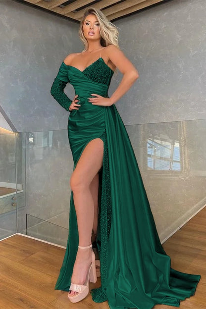 Long Sleeves White Mermaid Prom Dress Split With Sequins