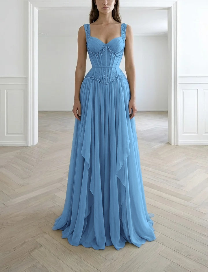 Graceful Sleeveless Wide Straps Beaded Ruffles Long Evening Dress