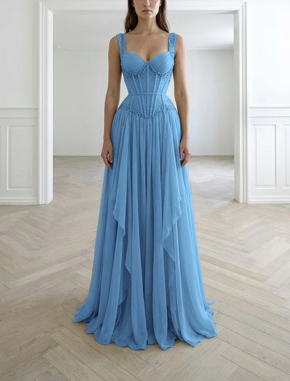 Graceful Sleeveless Wide Straps Beaded Ruffles Long Evening Dress