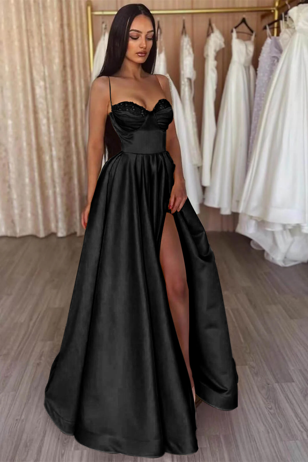 Yellow Slit Evening Dress A Line With Spaghetti-Straps