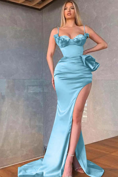 Dusty Sage Spaghetti-Straps Prom Dress Mermaid Split With Beadings Ruffles
