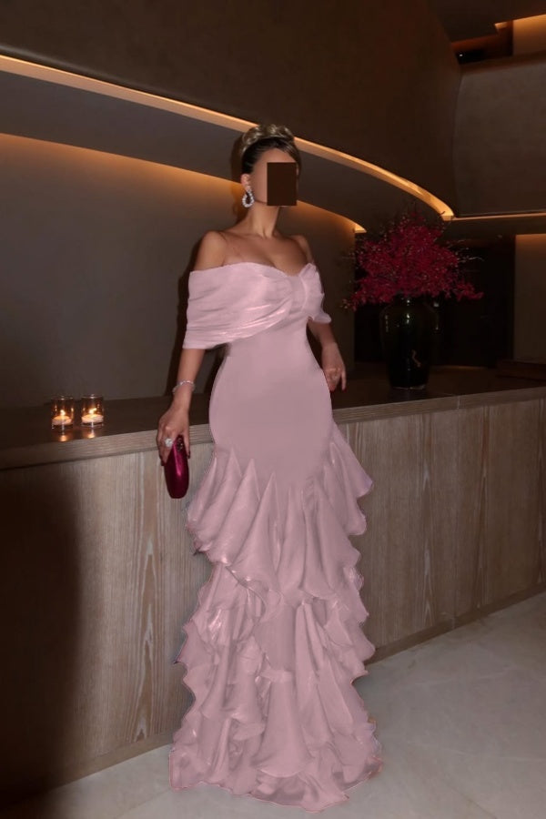 Glamorous Orchid Off the Shoulder Ruffles Evening Dress with Pleated