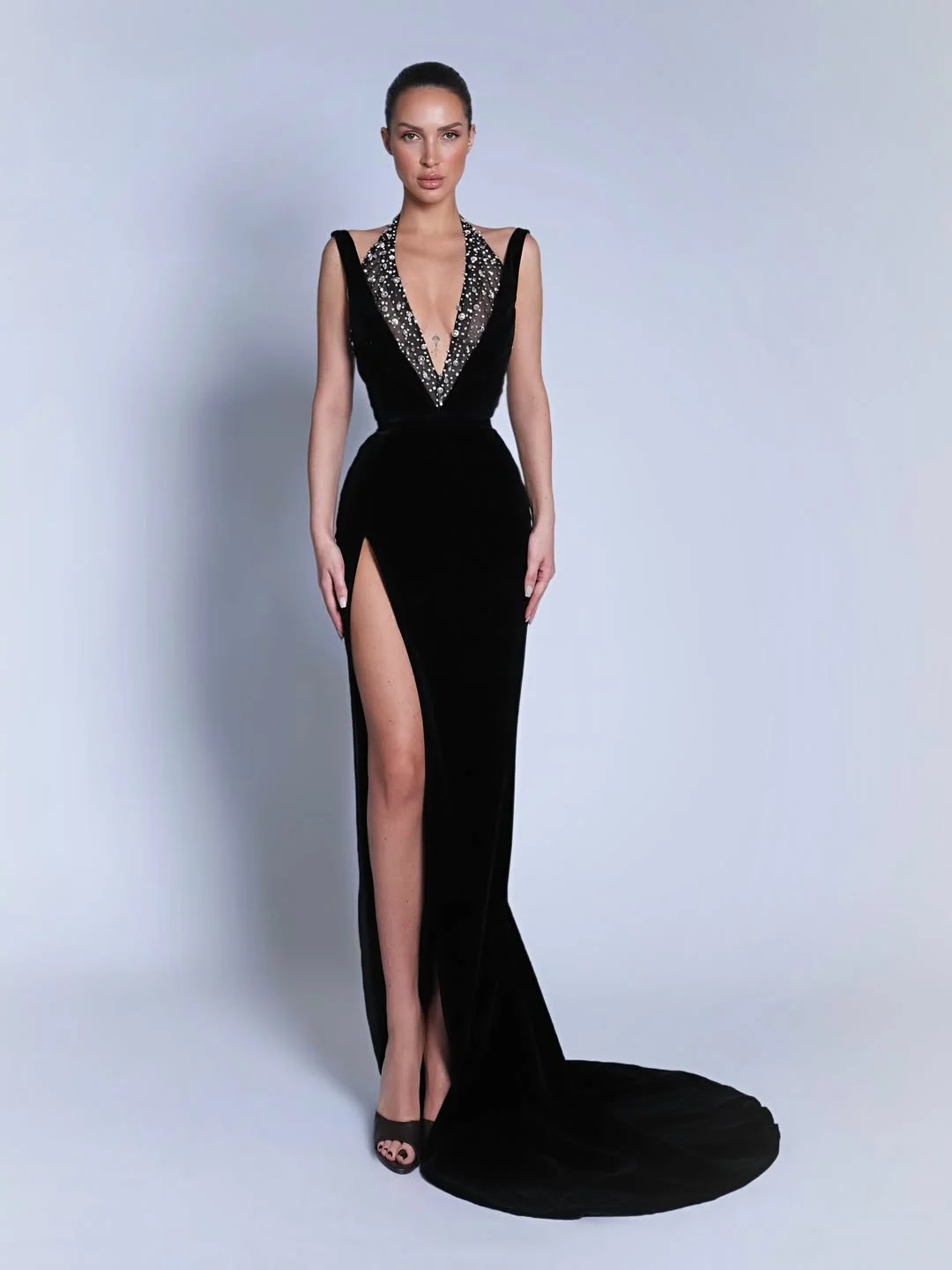 Black Sleeveless Slit Halter Straps Prom Dress With Beads