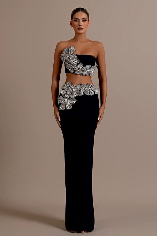 Exquisite Black Velvet Strapless Sleeveless Slim Prom Dress with Rhinestone