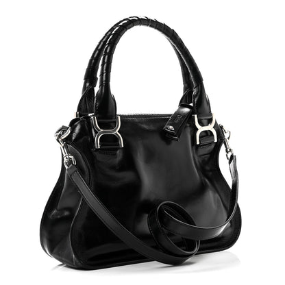 Natural Shiny Calfskin Small Marcie Satchel Black