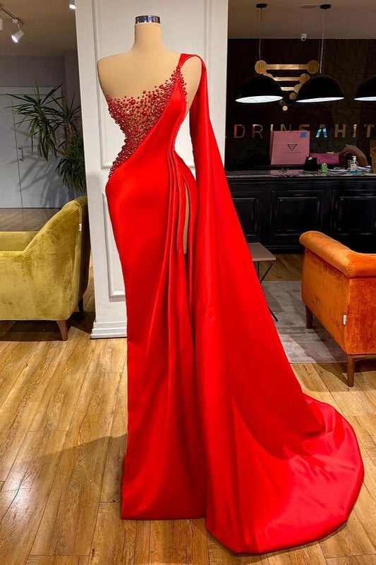 Mermaid Red Ruffes Prom Dress Slit With Beading
