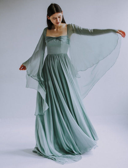 Muted Green A Line Long Sleeve Chiffon Prom Dress Party Dress SH4297
