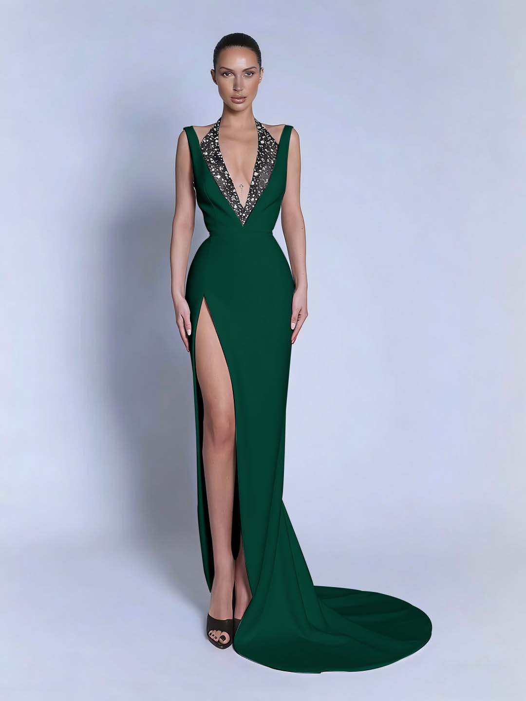 Black Sleeveless Slit Halter Straps Prom Dress With Beads