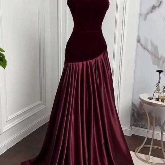 Beautiful Grape Satin Sleeveless Strapless Velvet Long Prom Dress with Pleated
