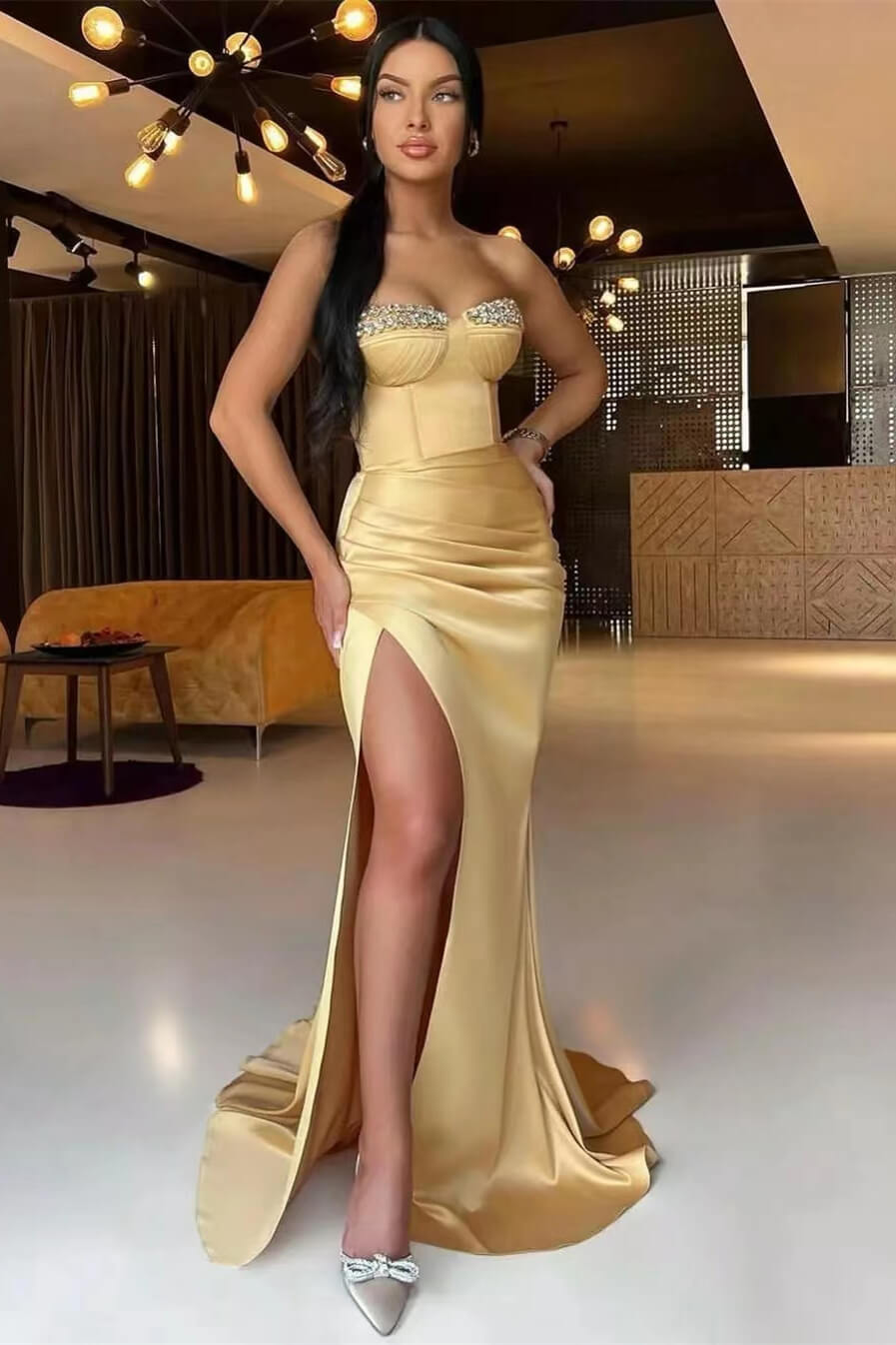 Gorgeous Dark Champagne Strapless  Mermaid Long  Prom Dress Split With Pleats Ruffles Beads
