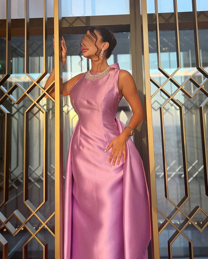 Gorgeous Purple Satin Sleeveless Jewel Neck Long Bow Prom Dress with Train