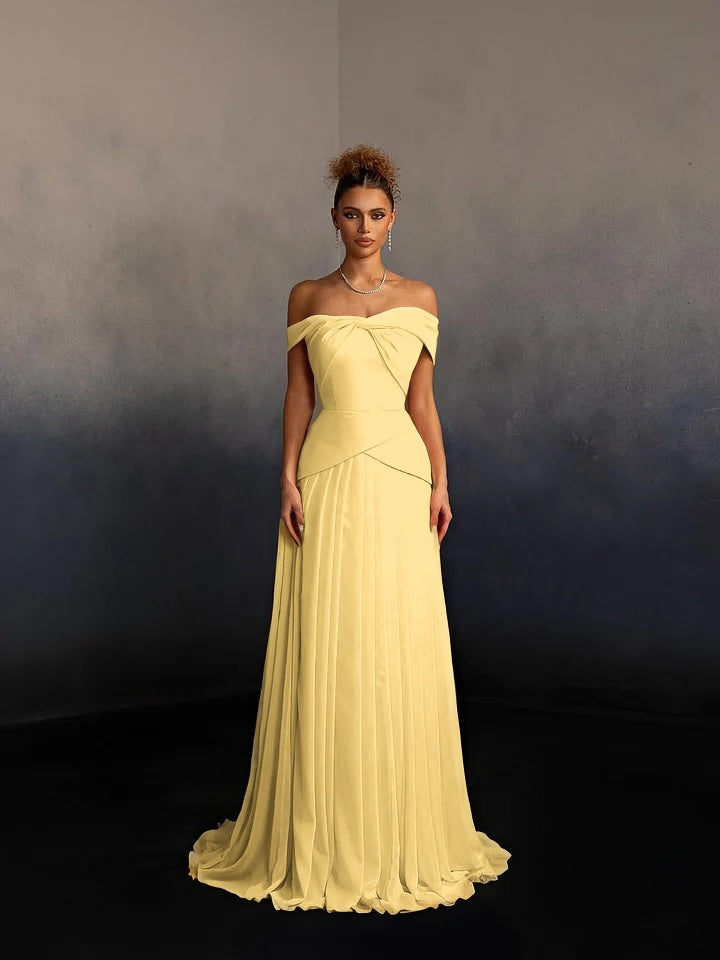 Glamorous Pink Off-The-Shoulder Pleated Long Evening Dress