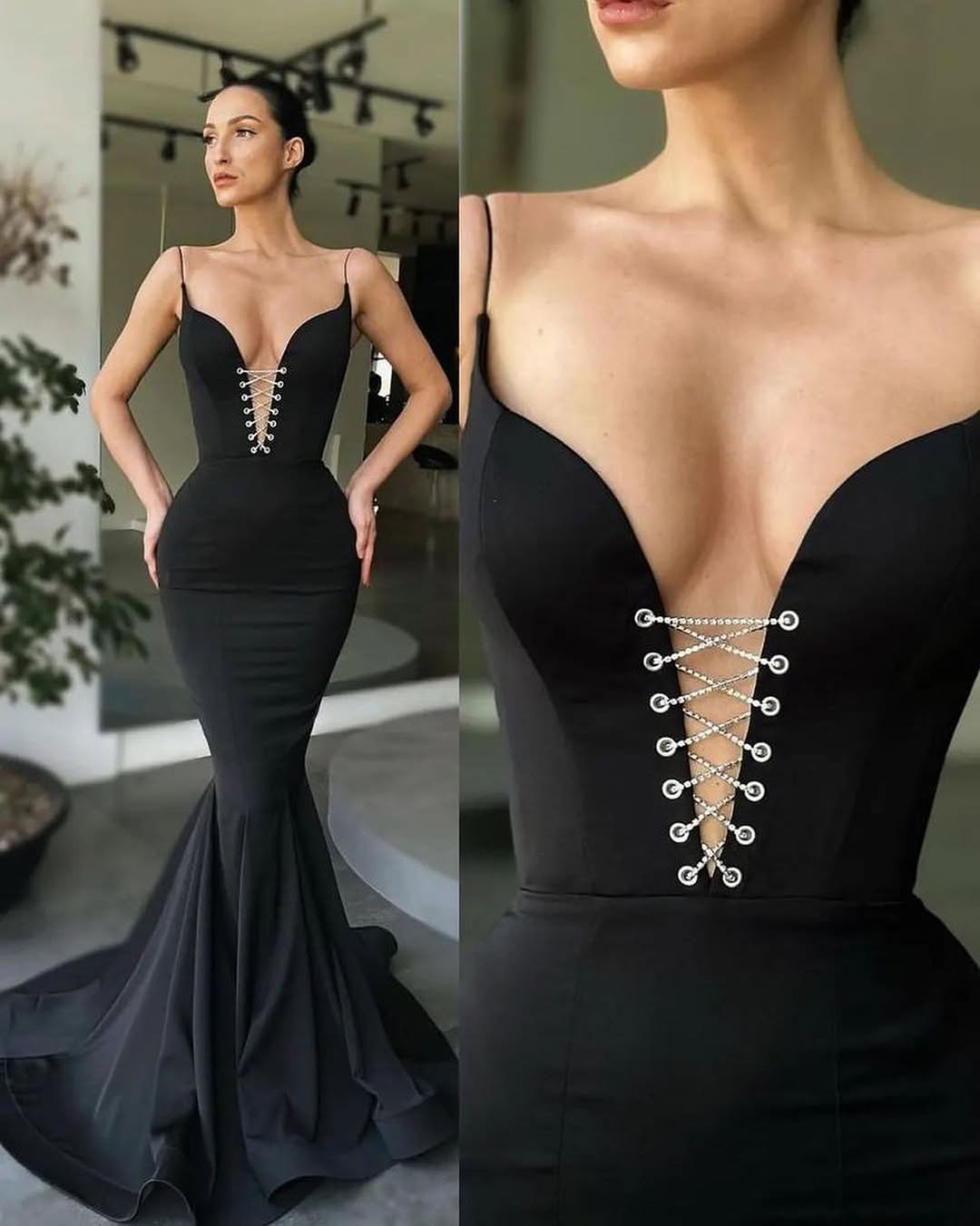 Black Sleeveless Deep V-Neck Spaghetti Straps Mermaid Prom Dress