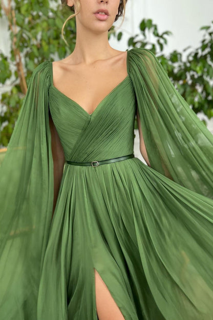 Elegant Green Long Puffy Sleeves Formal Prom Dress Sweetheart Tulle With Split