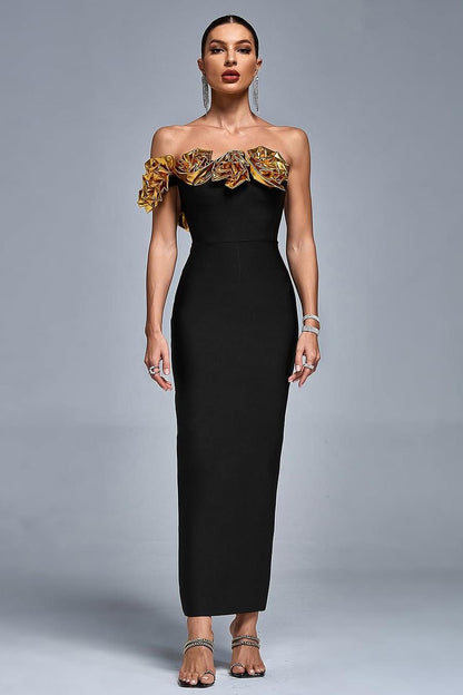 Stunning Black Satin One Shoulder Strapless Mermaid Prom Dress with Ruffles