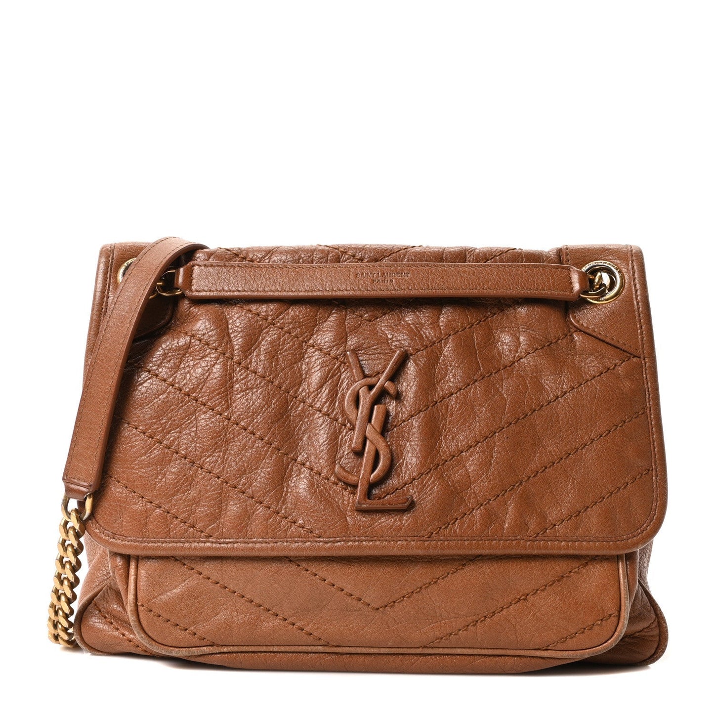 Crinkled Calfskin Matelasse Monogram Medium Niki Chain Satchel Caramel