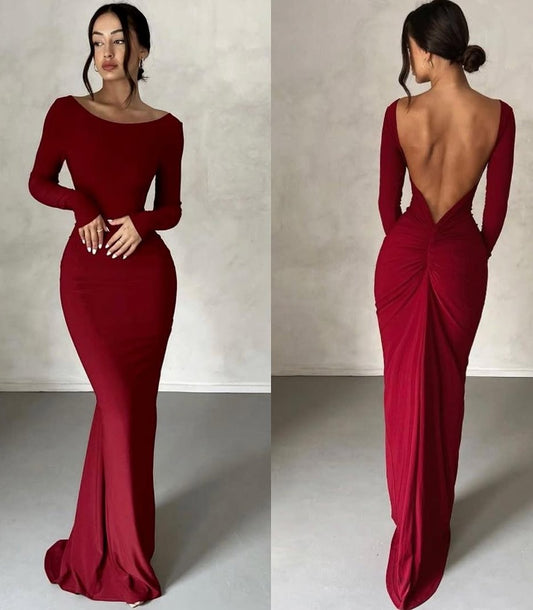 Red Long Prom Dress Mermaid  Long Sleeves Backless