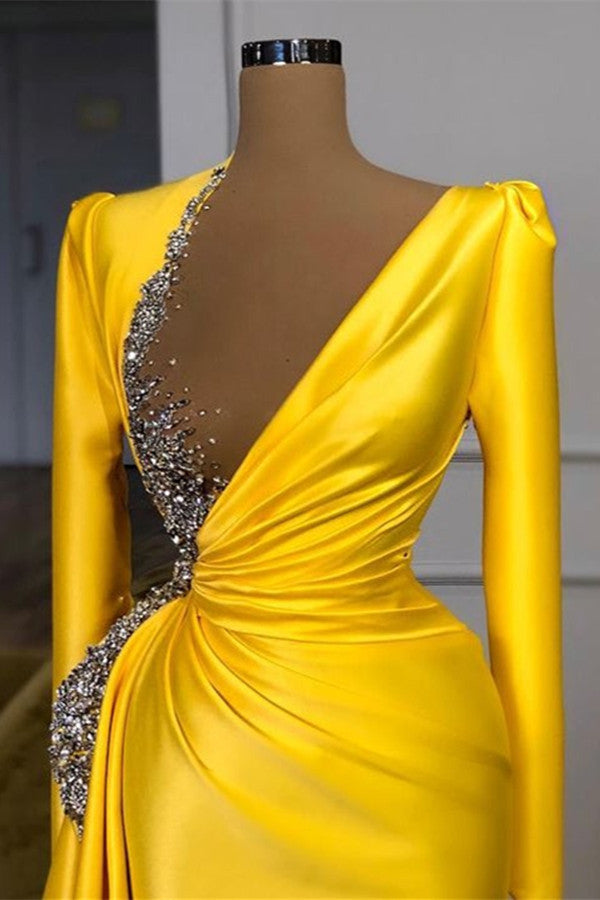 Long Sleeves Yellow Prom Dress With Beads Sequins