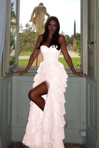 Chic Blue Tulle Sweetheart Beaded Sleeveless Cake Prom Dress with Split