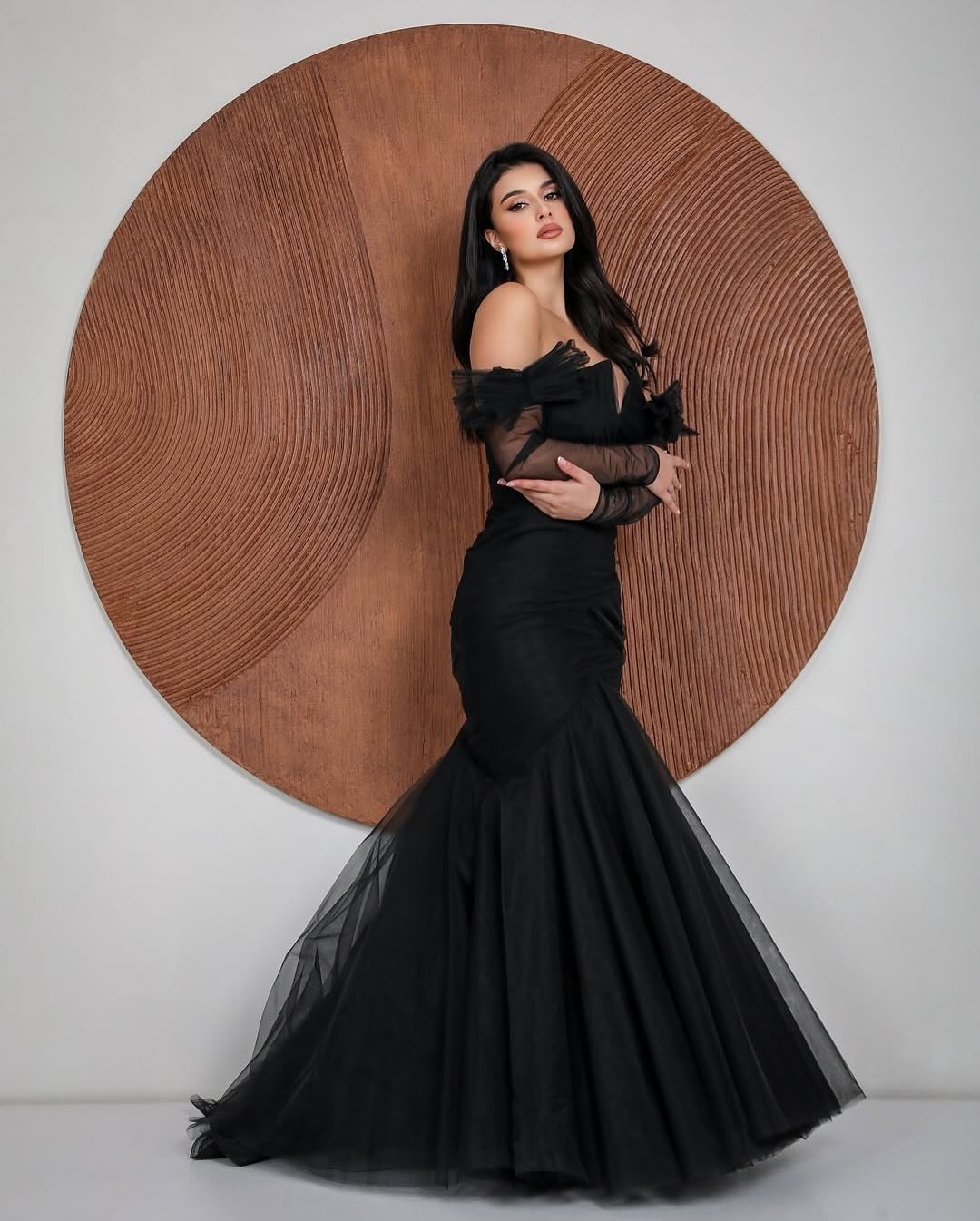Glamorous Tulle Black Removable Long Sleeves Mermaid Prom Dress with Bow