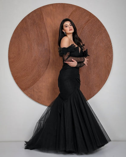 Glamorous Tulle Black Removable Long Sleeves Mermaid Prom Dress with Bow