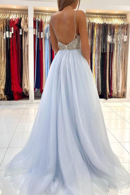 Long Light Sky Blue Spaghetti-Straps Tulle Prom Dress With Beads