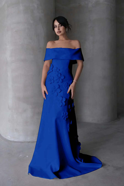 Sleeveless Off-Shoulders Prom Dress With Handmade Flower